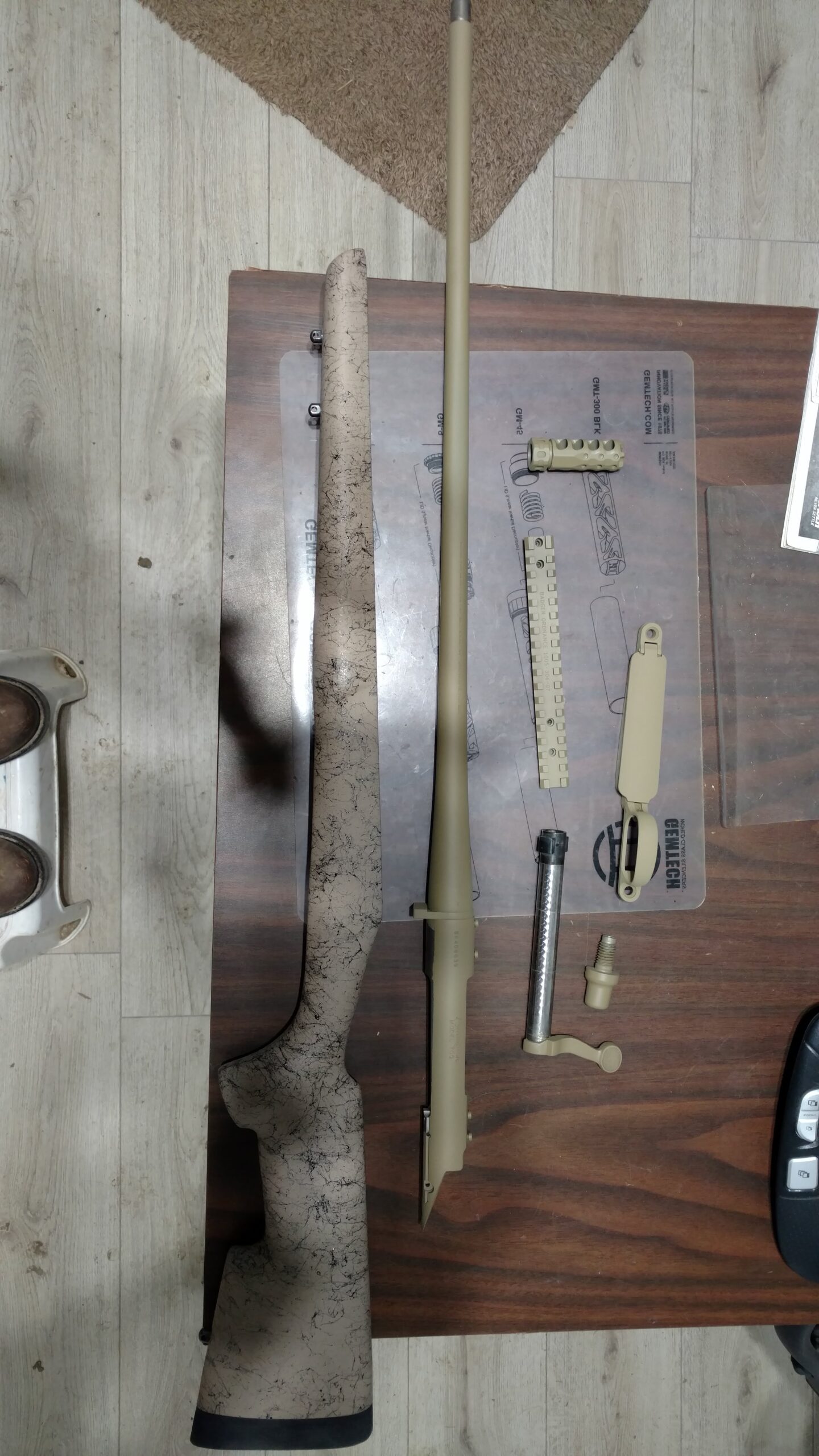Rifle components before assembly
